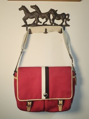 Coach Leather Red Canvas Messenger Bag Cream Trim Striped Accent Business Tote